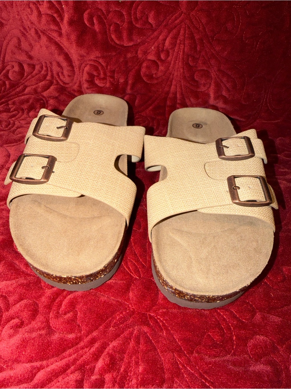 Women's Double-Buckle Slide Sandals in Beige